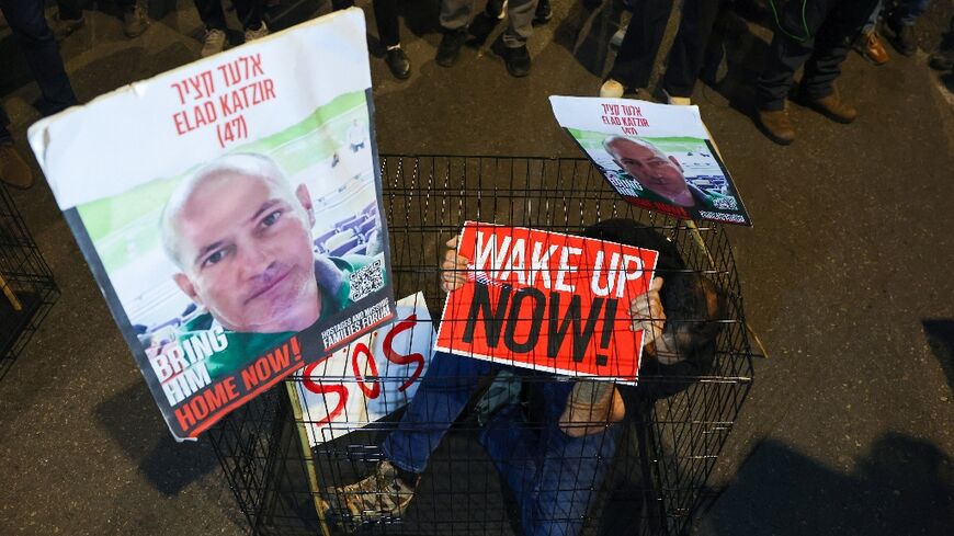 A portrait of Elad Katzir featured in a protest on March 26, 2024 by relatives and supporters of the hostages held by militants in Gaza