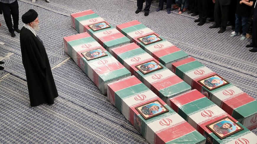 Iran's supreme leader Ayatollah Ali Khamenei prays over the coffins of the seven Revolutionary Guards killed in the April 1 strike on its Damascus consulate, widely blamed on Israel