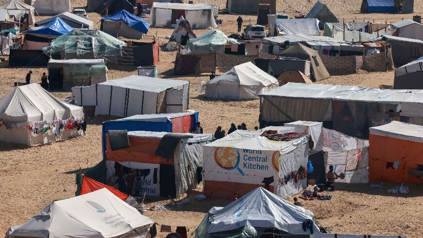 A makeshift tent with the World Central Kitchen logo in Rafah -- the group suspended operations in Gaza after an Israeli strike killed seven of its staff