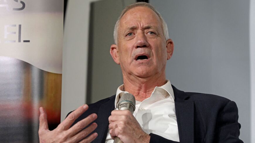 Israel's Defense Minister Benny Gantz gives a salon talk in the Mediterranean coastal city of Tel Aviv on Oct. 24, 2022 ahead of the November general elections. 