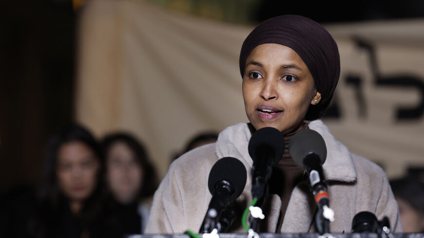 WASHINGTON, DC - NOVEMBER 13: U.S. Rep. Ilhan Omar (D-MN) speaks during a news conference calling for a ceasefire in Gaza outside the U.S. Capitol building on November 13, 2023 in Washington, DC. House Democrats held the news conference alongside rabbis with the activist group Jewish Voices for Peace. (Photo by Anna Moneymaker/Getty Images)