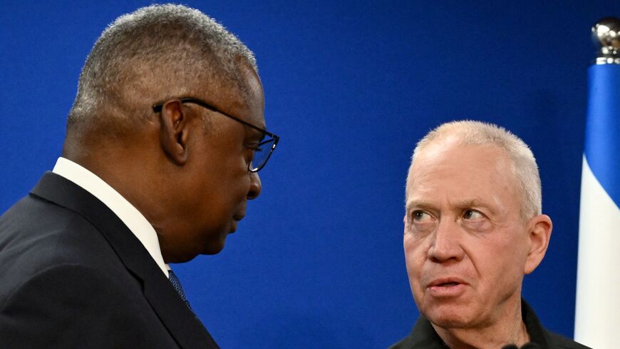 US Secretary of Defence Lloyd Austin (L) and Israeli Defense Minister Yoav Gallant give a joint press conference in Tel Aviv, Dec. 18, 2023.