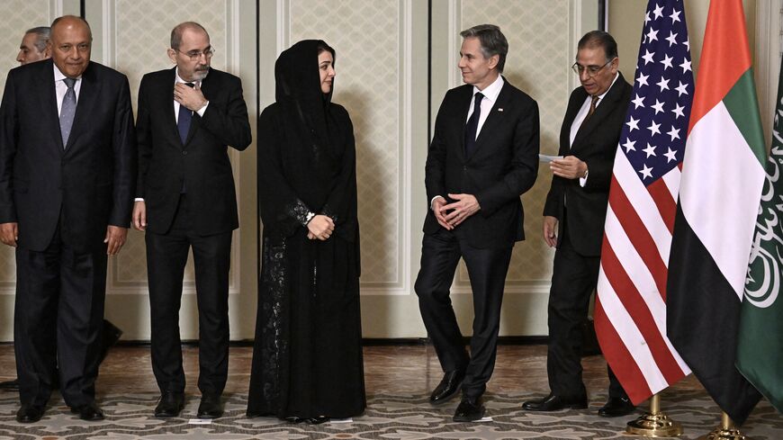 US Secretary of State Antony Blinken (2-R) arrives for group photo with (L-R) Egyptian Foreign Minister Sameh Shoukry, Jordanian Foreign Minister Ayman Safadi.