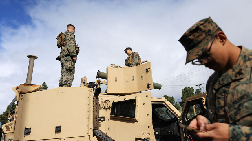 Heavy armor is displayed during a ceremony marking the 20th anniversary of the Battle of Ramadi at Camp Pendleton, California, April 5, 2024. Veterans and gold star families of the 2nd Battalion, 4th Marines gathered for the ceremony marking the anniversary of the battle of Ramadi, during which 34 Marines and sailors were killed in action in Iraq in the spring of 2004. (Photo by David SWANSON / AFP) (Photo by DAVID SWANSON/AFP via Getty Images)