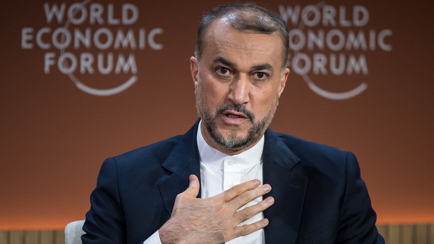 Iranian Foreign Minister Hossein Amir-Abdollahian gestures during a session at the World Economic Forum (WEF) meeting in Davos on January 17, 2024. (Photo by Fabrice COFFRINI / AFP) (Photo by FABRICE COFFRINI/AFP via Getty Images)