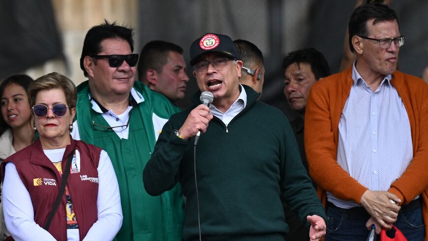 Colombian President Gustavo Petro delivers a speech during a May Day rally in Bogota on May 1, 2024.