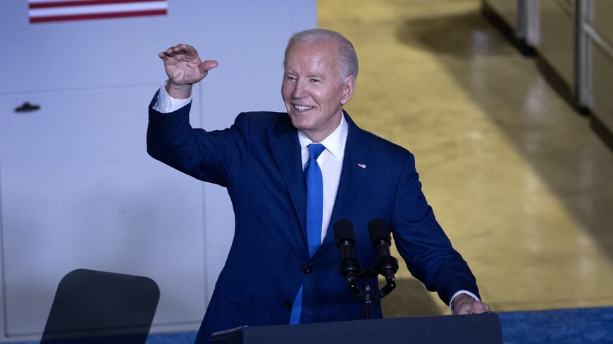 US President Joe Biden speaks to guests during an event at Gateway Technical College’s iMet Center on May 08, 2024, in Sturtevant, Wisconsin.