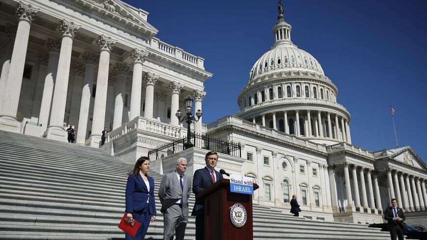 Speaker of the House Mike Johnson (R-LA) calls on the Senate to take up the Israel Security Assistance Support Act during a news conference.