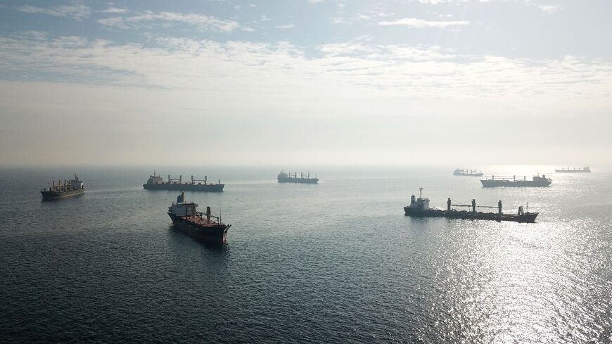 Cargo ships are seen at the southern entrance to the Bosphorus in Istanbul in October 2022