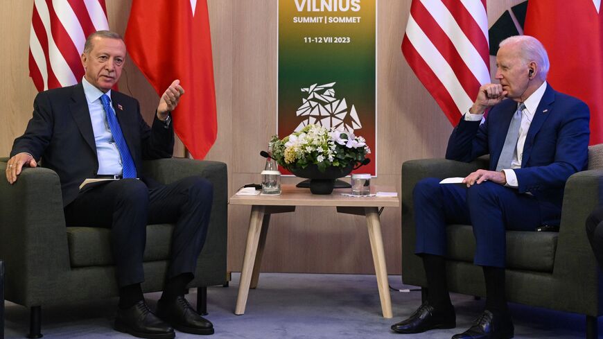 US President Joe Biden (R) and Turkey's President Recep Tayyip Erdogan hold bilateral talks the NATO Summit in Vilnius on July 11, 2023. (Photo by ANDREW CABALLERO-REYNOLDS / AFP) (Photo by ANDREW CABALLERO-REYNOLDS/AFP via Getty Images)