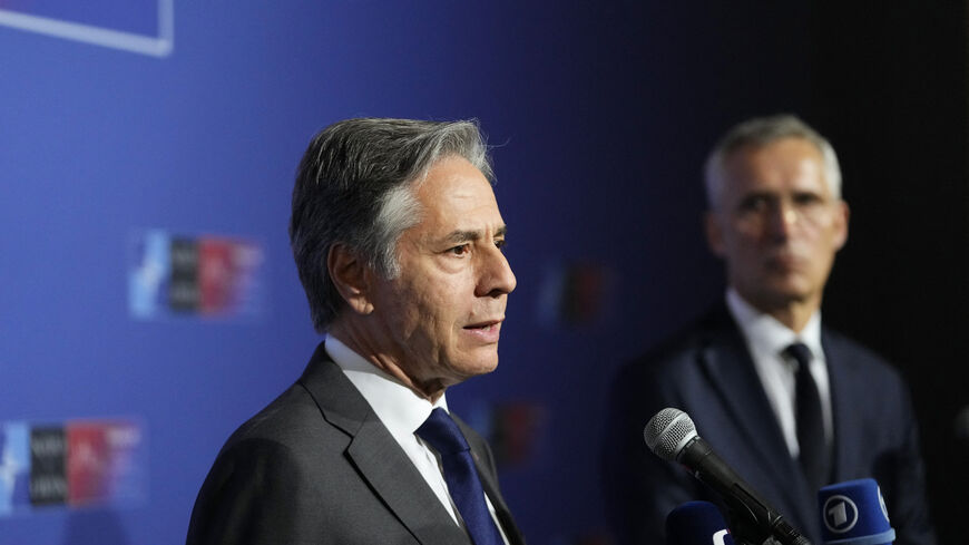 US Secretary of State Antony Blinken (L) addresses the media prior to a meeting of NATO foreign ministers at the Czernin Palace, in Prague, Czech Republic, on May 31, 2024. 