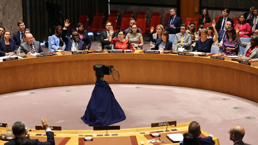 Members of the United Nations Security Council vote on a resolution during a meeting on the situation in the Middle East, including the Palestinian question at the United Nations headquarters on June 10, 2024 in New York City. The UN Security Council held a vote on a resolution drafted by the U.S. backing a proposal outlined by U.S. President Joe Biden calling for a ceasefire between Israel and Hamas in the Gaza Strip. The first phase of the resolution consists of an "immediate, full and complete ceasefire"