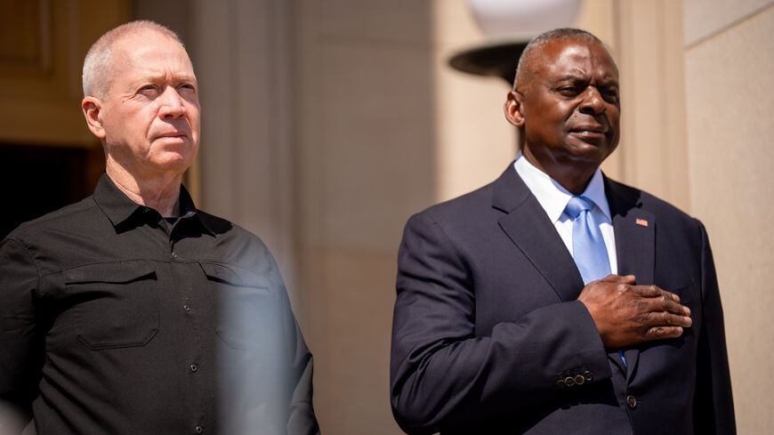 US Secretary of Defense Lloyd Austin and Israeli Defense Minister Yoav Gallant stand during an honor cordon at the Pentagon on June 25, 2024 in Arlington, Virginia. 