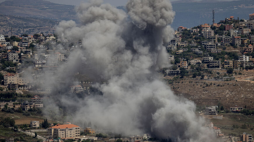 Smoke rises from an Israeli strike against a Hezbollah target on June 25, 2024 in Khiam, Lebanon. Hezbollah and the Israeli Defense Forces (IDF) have been trading cross-border fire since the October 7 attacks, with the conflict escalating in May when the group launched a missile-carrying drone against Israel for the first time. The conflict intensified in June when Hezbollah fired hundreds of rockets and drones at Israeli military sites following the killing of senior commander Taleb Abdullah. This marked t