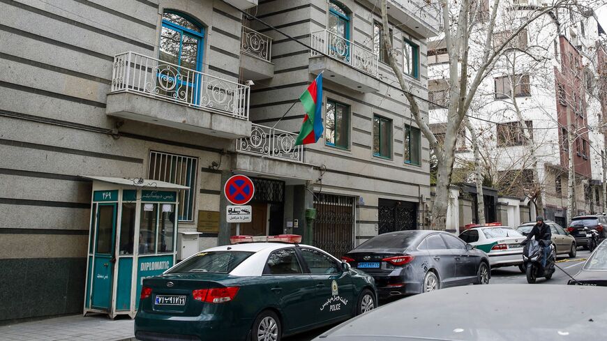 Police stay guard in front of the former Azerbaijan Embassy in Tehran on January 27, 2023, following an attack.