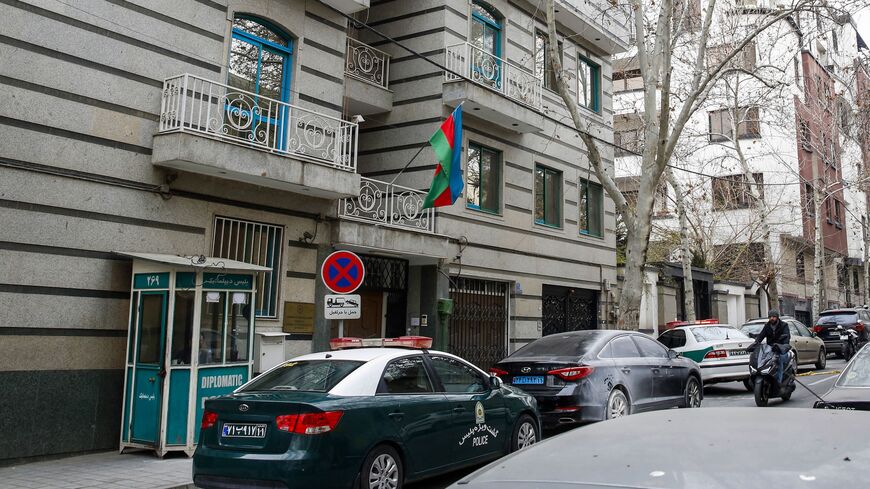 Police stay guard in front of the former Azerbaijan Embassy in Tehran on January 27, 2023, following an attack. 