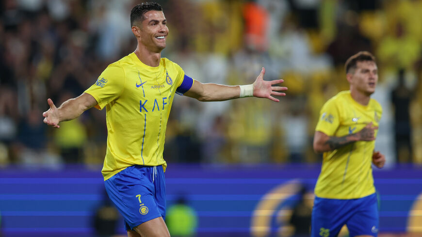 RIYADH, SAUDI ARABIA - MAY 4: Cristiano Ronaldo of Al Nassr celebrates after scoring the 2nd goal during the Saudi Pro League match between Al-Nassr and Al Wehda at Al Awwal Park on May 4, 2024 in Riyadh, Saudi Arabia.(Photo by Yasser Bakhsh/Getty Images)