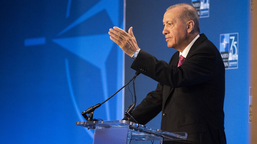 Turkish President Recep Tayyip Erdogan speaks during a press conference on the sidelines of the NATO 75th anniversary summit at the Walter E. Washington Convention Center in Washington, DC, July 11, 2024. 