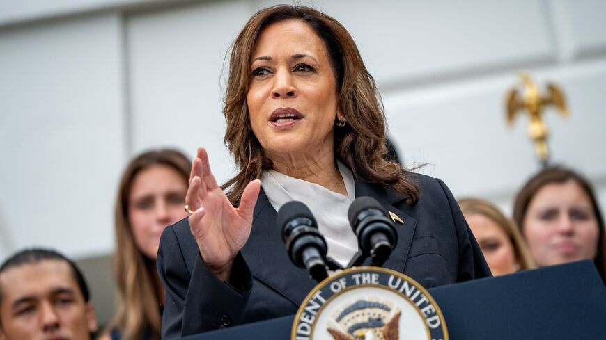 US Vice President Kamala Harris speaks during an NCAA championship team celebration on the South Lawn of the White House on July 22, 2024, in Washington.