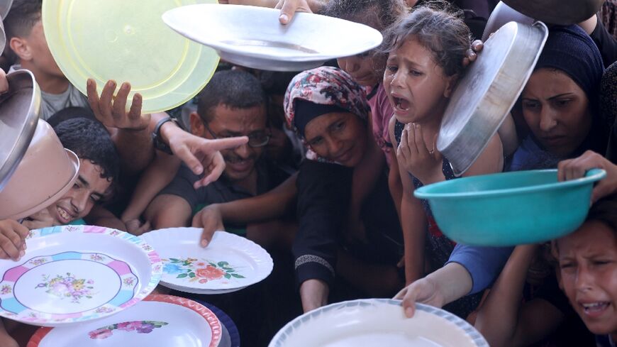 Palestinian children throng a food distribution centre in Gaza to get a free meal as experts warn of famine in the Israeli-besieged territory devastated by war