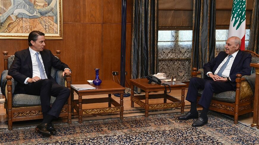 US envoy Amos Hochstein (L) discusses efforts for a Gaza truce with Lebanese parliament speaker Nabih Berri, a Hezbollah ally.