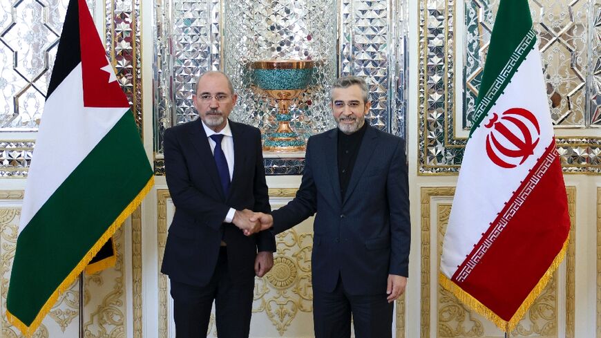 Iran's acting foreign minister Ali Bagheri (L) welcomes his Jordanian counterpart Ayman Safadi to Tehran as fears grow of an escalation in the Middle East after the killing in Tehran of Hamas political chief Ismail Haniyeh