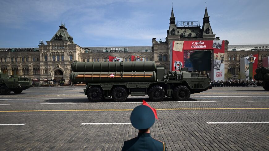 Russian S-400 missile air defense systems parade through Red Square during the rehearsal for the Victory Day military parade, central Moscow, May 7, 2022.