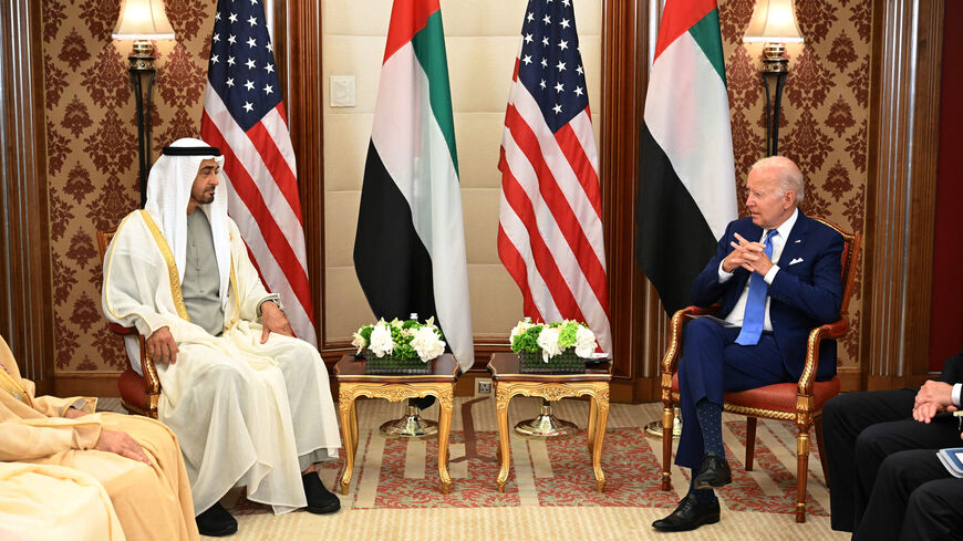 US President Joe Biden (R) and UAE President Sheikh Mohamed bin Zayed al-Nahyan (L) attend a bilateral meeting at a hotel in Saudi Arabia's Red Sea coastal city of Jeddah on July 16, 2022. (Photo by MANDEL NGAN / AFP) (Photo by MANDEL NGAN/AFP via Getty Images)