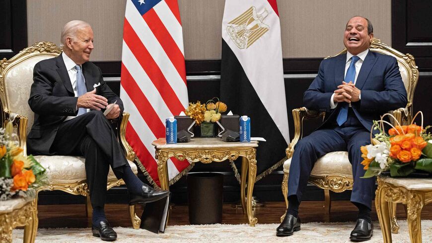 Egyptian President Abdel Fattah El-Sisi and his US counterpart Joe Biden hold a meeting on the sidelines of the COP27 summit, in Egypt's Red Sea resort city of Sharm el-Sheikh, on Nov. 11, 2022. 