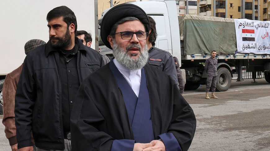 Head of Hezbollah's Executive Council Hashem Safieddine arrives as trucks loaded with humanitarian aid provided by the Lebanese Shiite group set out for Syria in the aftermath of a deadly earthquake, southern suburbs of Beirut, Lebanon, Feb. 12, 2023.