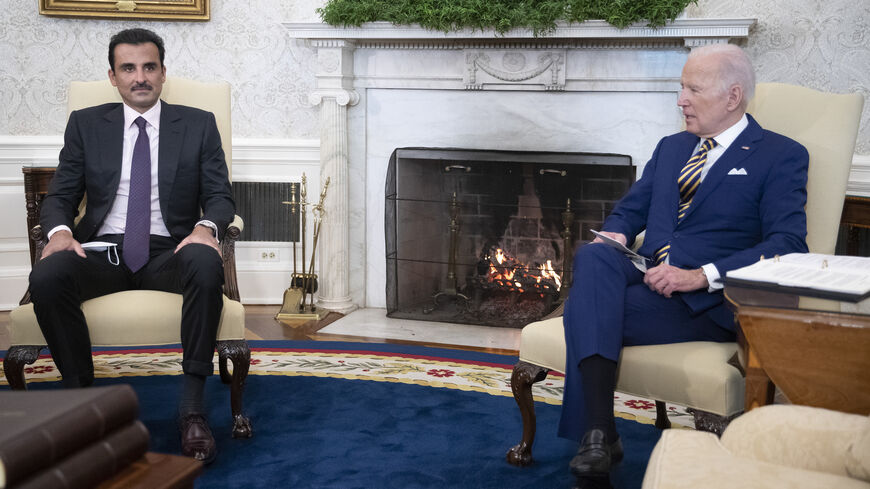 WASHINGTON, DC - JANUARY 31: U.S. President Joe Biden meets with Sheikh Tamim Bin Hamad Al-Thani, Amir of the State of Qatar, in the Oval Office on January 31, 2022 in Washington, DC. The two leaders were expected to discuss a range of issues, including global energy security as concerns about Russian natural gas supplies continue. (Photo by Tom Brenner-Pool/New York Times/Getty Images)