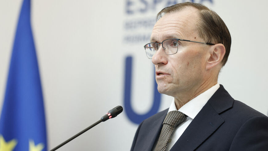 Norwegian Foreign Minister Espen Barth Eide holds a joint press conference with his Spanish and Irish counterparts at the the Permanent Representation of Spain to the European Union in Brussels on May 27, 2024. 