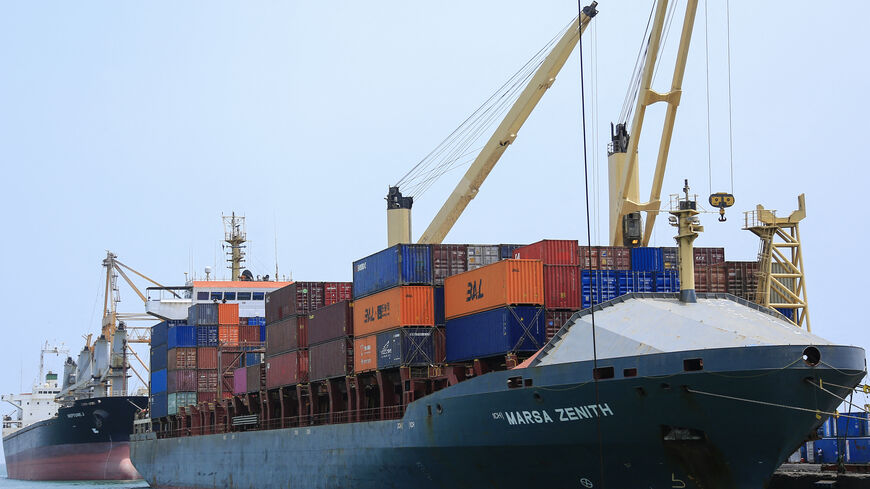 A cargo ship is docked at the port of Yemen's Huthi-held city of Hodeida on July 28, 2024. Photo by -/AFP via Getty Images)