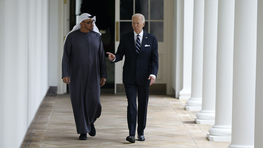 US President Joe Biden and United Arab Emirates President Sheikh Mohamed bin Zayed Al Nahyan walk to the Oval Office for a meeting at the White House on Sept. 23, 2024 in Washington, DC. 