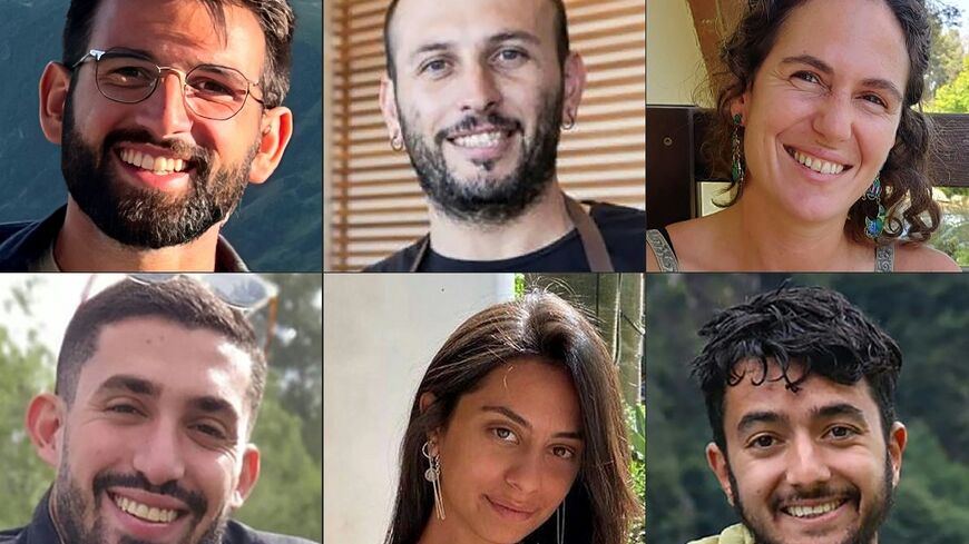 Israeli hostages (clockwork from top-L) Almog Sarusi, Alexander Lobanov, Carmel Gat, Ori Danino, Eden Yerushalmi and Hersh Goldberg-Polin