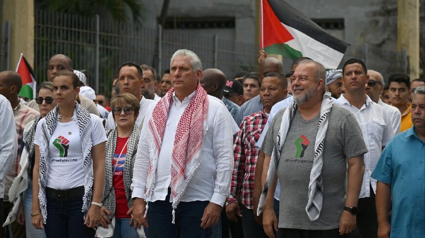 The demonstrators, who included some 250 Palestinian medical students living in Cuba, carried a large banner that read 'Long live free Palestine'