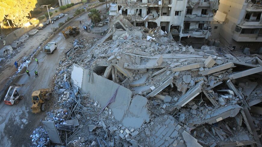 A destroyed building at the site of an Israeli air strike that targeted a branch of the Hezbollah-linked Al-Qard Al-Hassan financial firm in south Beirut 