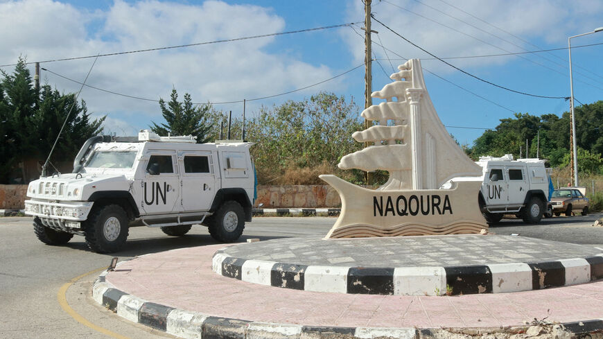 UNIFIL-armored vehicles patrol at the entrance of the southern Lebanese town of Naqoura near the border with Israel, amid ongoing cross-border clashes between Israeli troops and Hezbollah fighters, June 17, 2024.