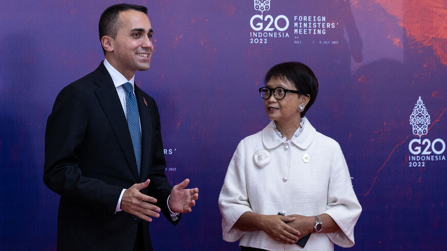 NUSA DUA, INDONESIA - JULY 08: The Indonesian Minister for Foreign Affairs, Retno Marsudi (R) greets the Italian Minister of Foreign Affairs, Luigi Di Maio (L) during arrival of the G20 Foreign Ministers and Head of Department at the Grand Ballroom Mulia Hotel on July 08, 2022 in Nusa Dua, Indonesia. (Photo by Robertus Pudyanto/Getty Images)