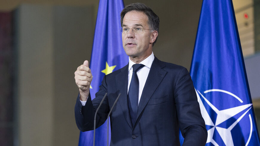 NATO Secretary-General Mark Rutte speaks at the press conference with German Chancellor Olaf Scholz (not seen) at the Chancellery, Berlin, Germany, Nov. 4, 2024.