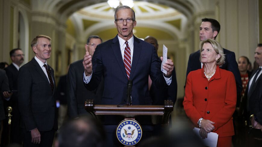 US Sen. John Thune (R-S.D.), newly elected senate majority leader for the upcoming 119th Congress, speaks to reporters at the US Capitol, on Nov. 13, 2024, in Washington. 