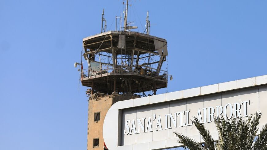 The damaged control tower at the international airport in Yemen's rebel-held capital Sanaa, after Israeli air strikes