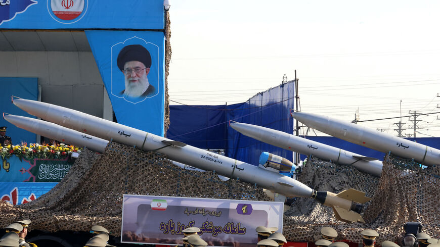 Bavar missiles are displayed during the annual military parade marking the anniversary of the outbreak of Iran's 1980-1988 war with Saddam Hussein's Iraq, in Tehran on Sept. 21, 2024. 