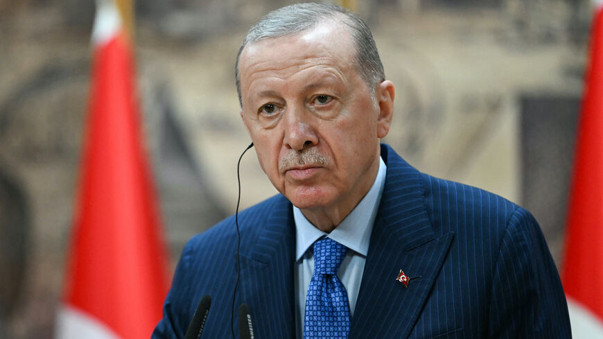 Turkish President Recep Tayyip Erdogan addresses media during a joint press conference with German Chancellor after their meeting at the Dolmabahce Presidential Office in Istanbul on Oct. 19, 2024. 