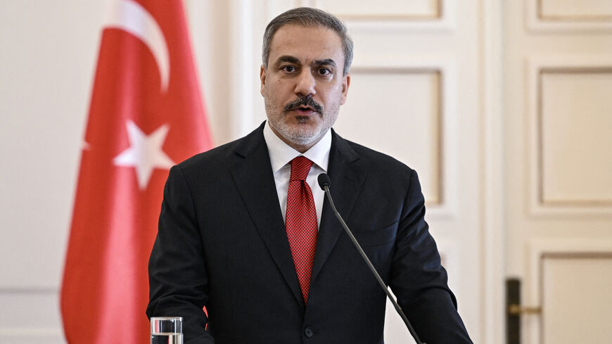 Turkey's Foreign Affairs Minister, Hakan Fidan delivers a press conferense after his meeting with his Greek counterpart in Athens, on November 8, 2024. (Photo by Aris MESSINIS / AFP) (Photo by ARIS MESSINIS/AFP via Getty Images)