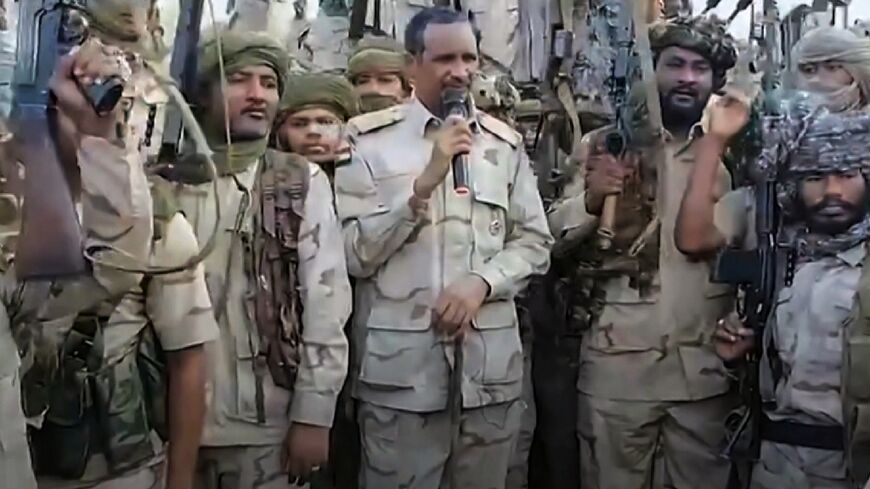 RSF commander Mohamed Hamdan Daglo addressing his fighters at an undisclosed location, in an image grab taken from the paramilitaries' page on X on July 28, 2023 