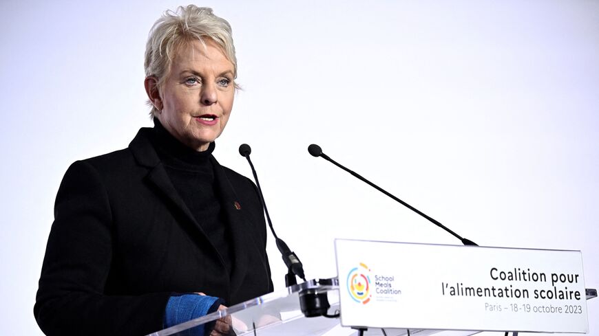 WFP Executive Director Cindy McCain delivers a speech at the first meeting of the Global School Meals Coalition, in Paris, on Oct. 18, 2023. 