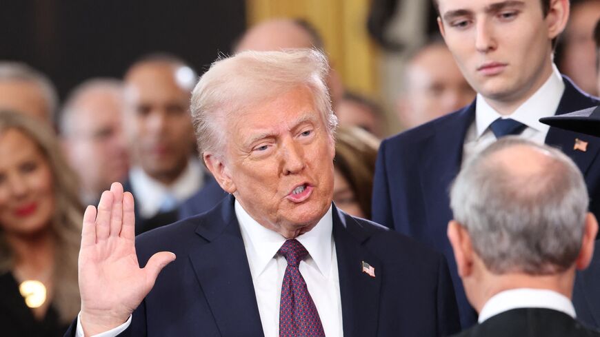 Donald Trump is sworn in as US president in the Rotunda of the US Capitol, in Washington, on Jan. 20, 2025. 