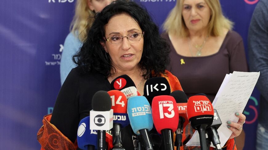 Meirav Leshem Gonen, the mother of freed hostage Romi Gonen, speaks during a press conference at an Israeli hospital, following of the release of three captives from Gaza