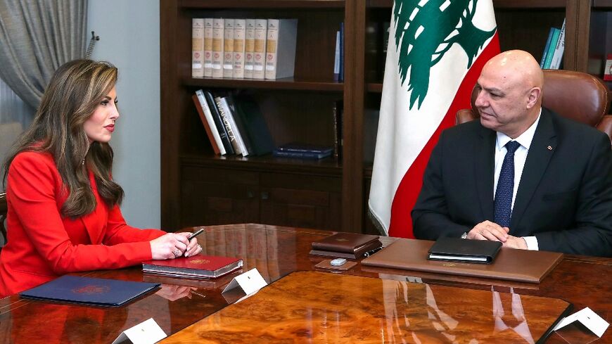 Lebanese President Joseph Aoun (R) meets with US deputy special envoy to the Middle East Morgan Ortagus in Beirut on Friday